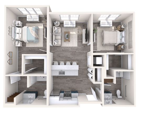 A modern apartment floor plan featuring two bedrooms, a kitchen, and a living room.