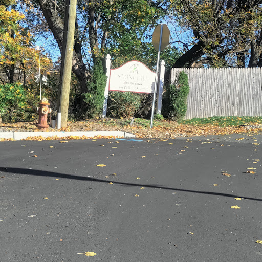 A quiet street scene during autumn, featuring fallen leaves and a traffic sign amidst trees.