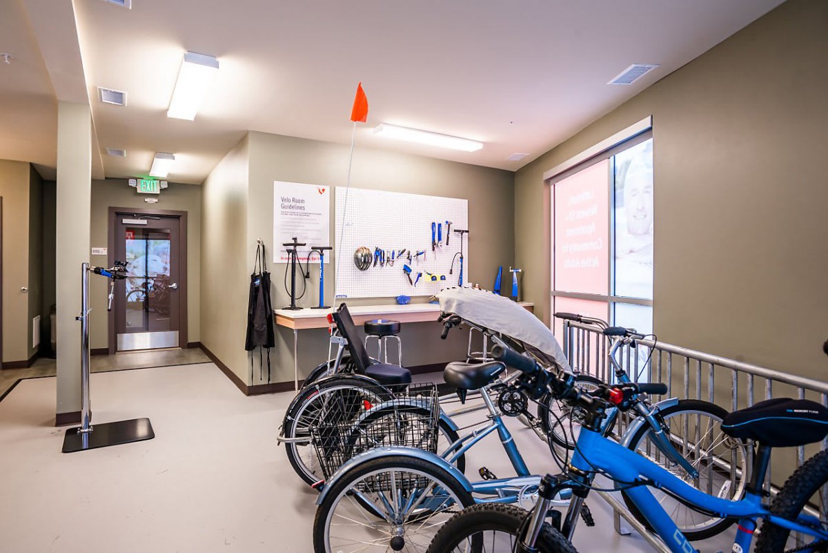 Indoor bicycle storage and repair workstation.