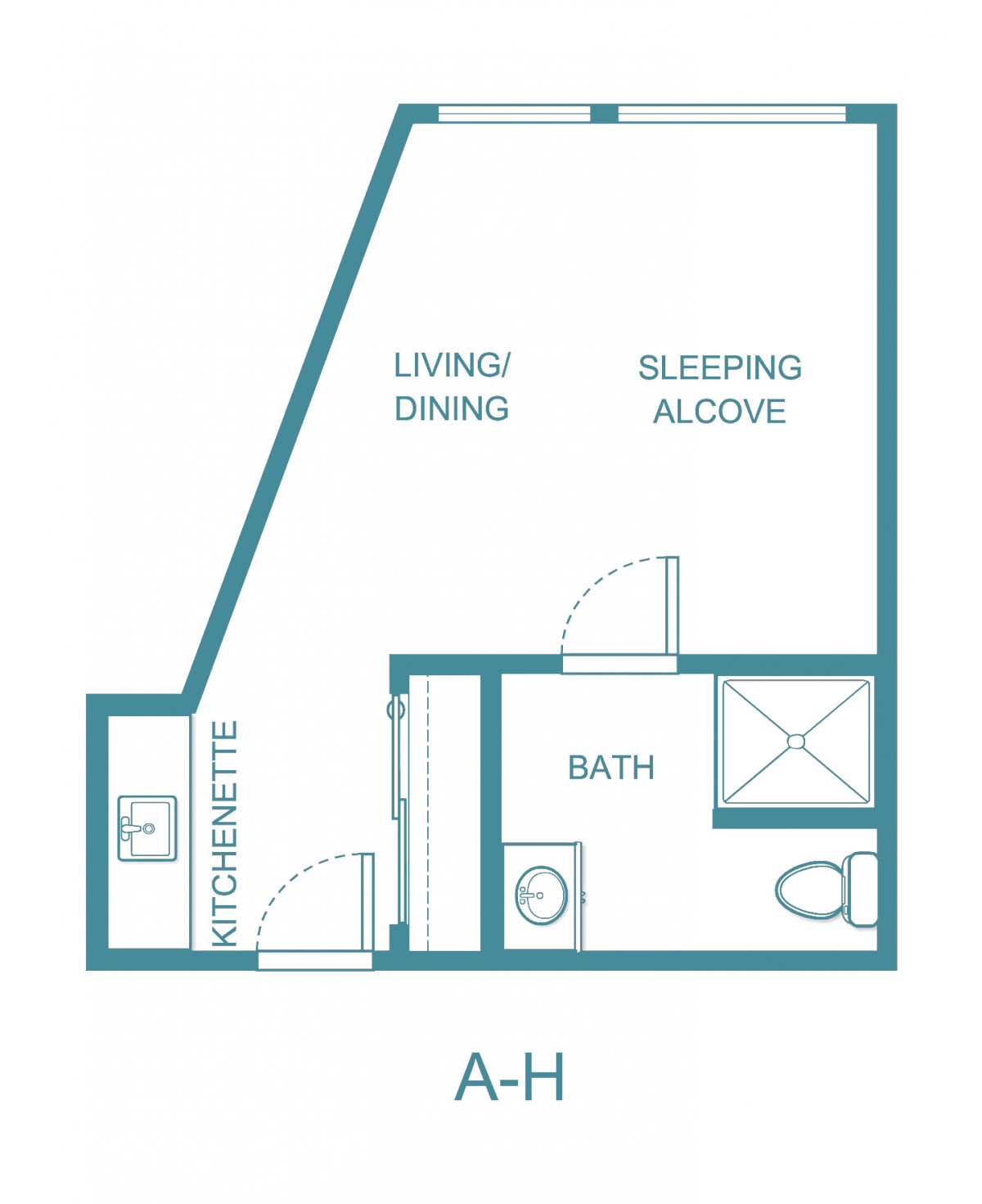 Studio apartment floor plan with living/dining area, sleeping alcove, and bathroom.