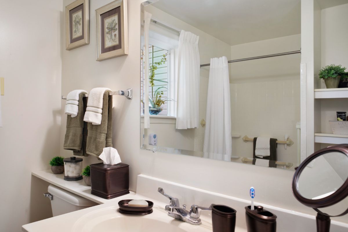 A tidy bathroom with a large mirror, neatly arranged towels, and decor including a small indoor plant.