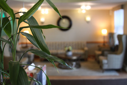 A cozy lobby area featuring plush seating and decorative plant elements.