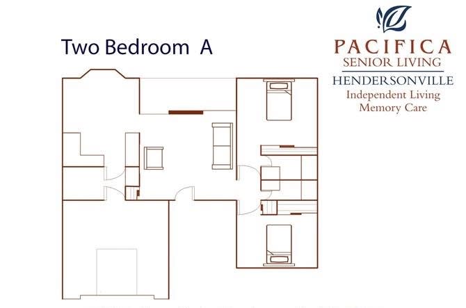 A floor plan for a two-bedroom apartment at Pacifica Senior Living in Henderson.