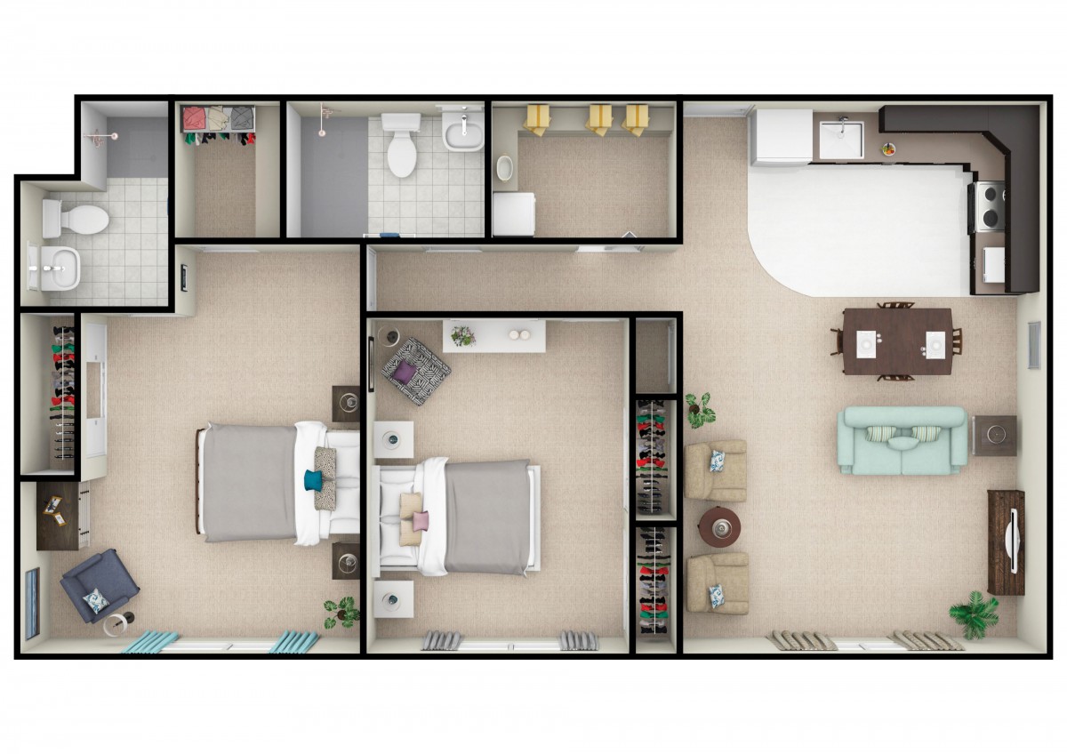 A floor plan of a two-bedroom apartment featuring a living room, kitchen, and bathroom.