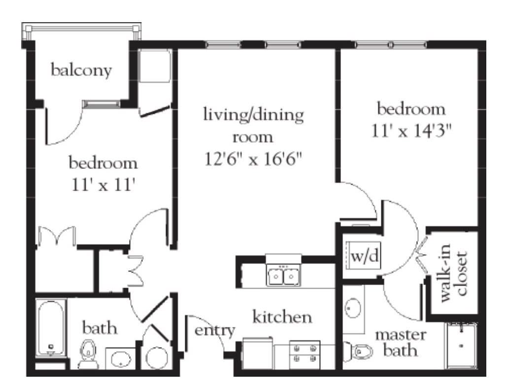 A floor plan of a two-bedroom apartment with living/dining area and balcony.