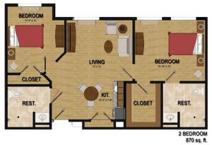 A floor plan showing the layout of an apartment with two bedrooms, a living area, kitchen, and bathrooms.