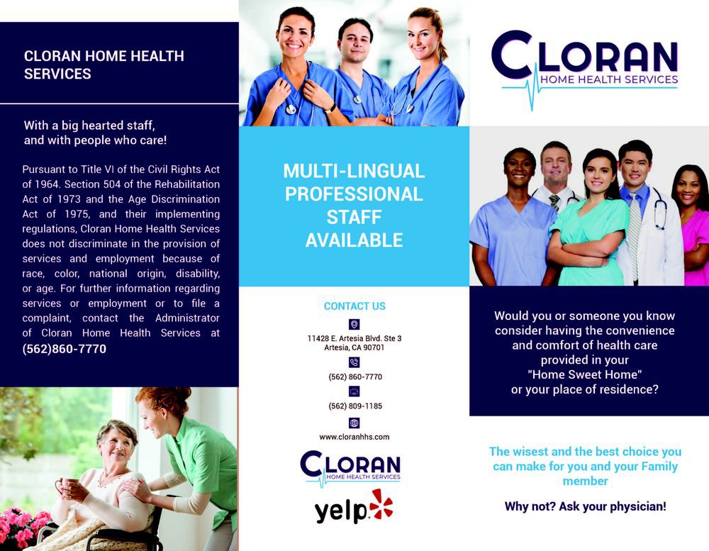 A brochure advertising multilingual professional staff for home healthcare services.