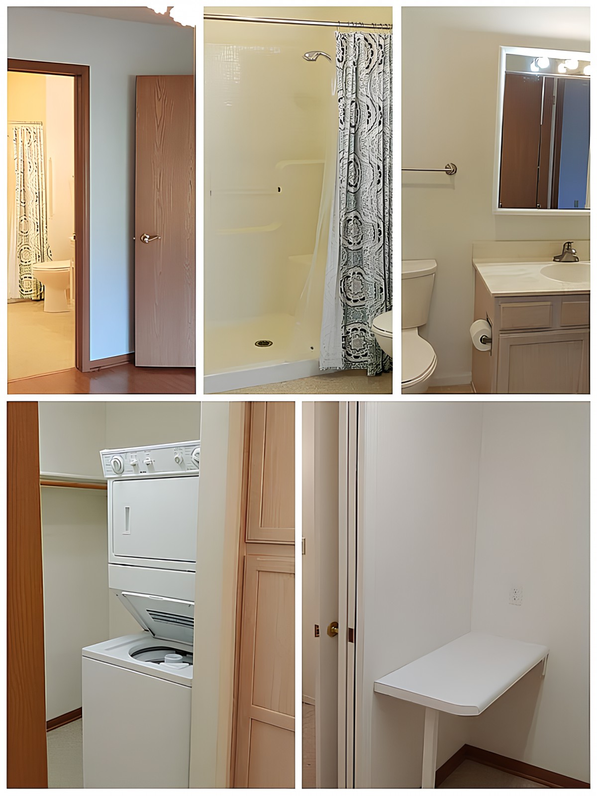 A collage of bathroom and laundry area with essential amenities.