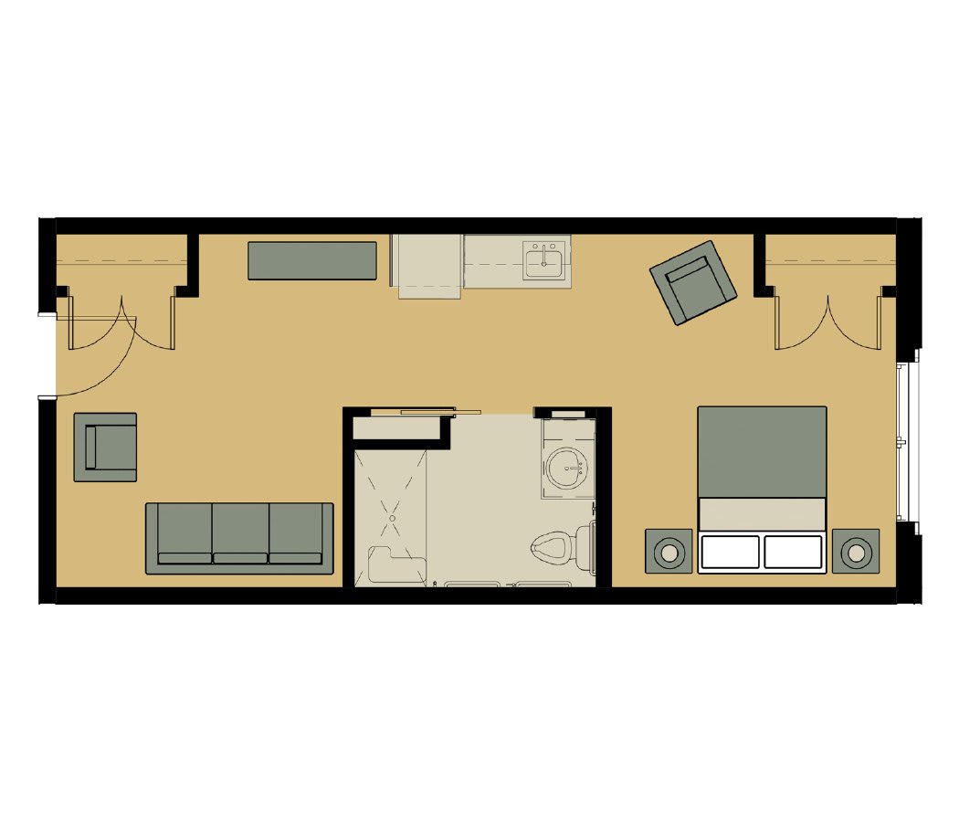 A simple floor plan layout of an apartment with designated areas for a living room, kitchen, bathroom, and bedroom.