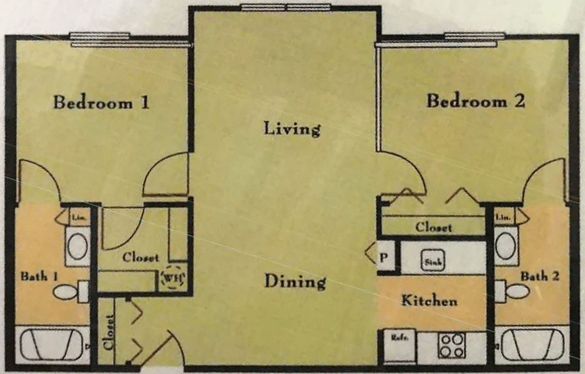 A two-bedroom apartment floor plan with labeled rooms including a living room, dining area, kitchen, and bathrooms.