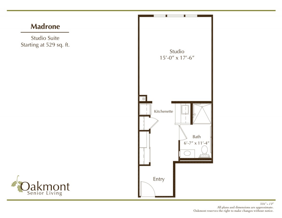 Studio apartment floor plan with a living area, kitchen, and bathroom.