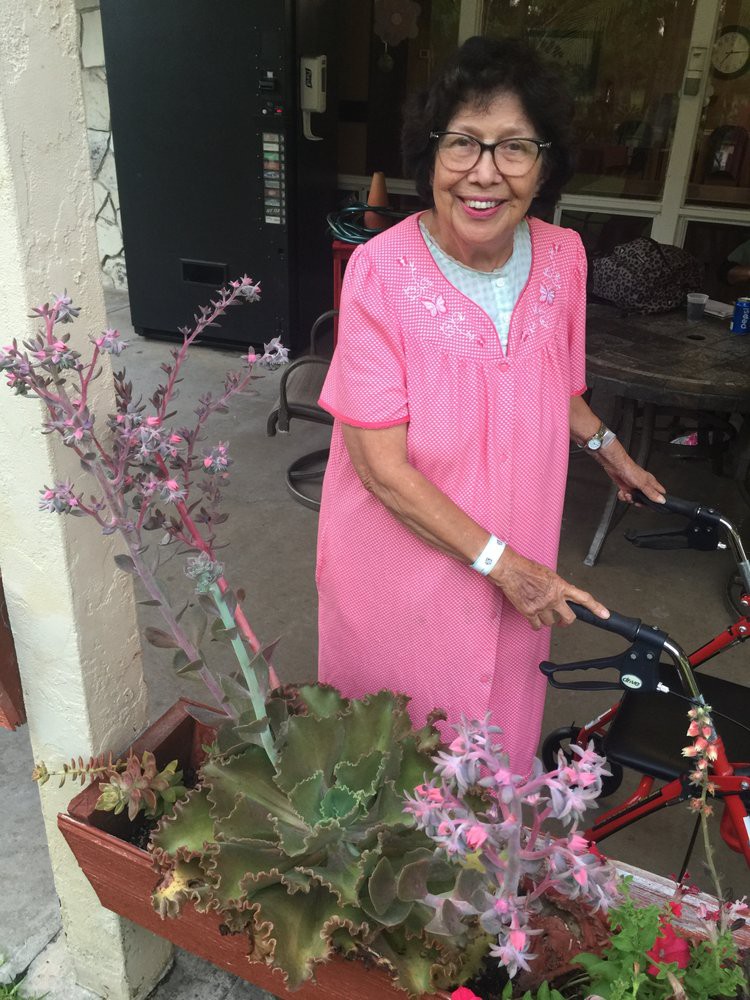 An elderly woman in a pink dress smiles while using a walker outside, surrounded by potted plants.