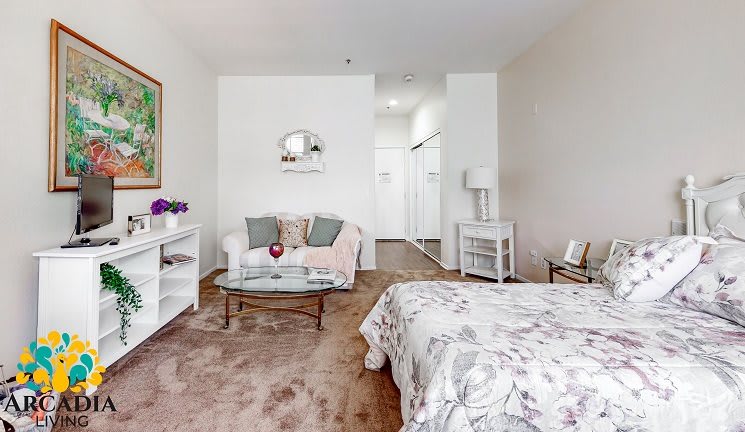 A cozy and elegantly decorated bedroom with a comfortable bed, small sofa, and stylish decor.