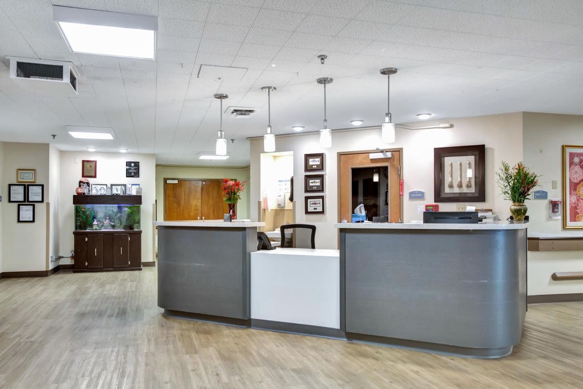 A modern office reception area with a central desk and stylish lighting.