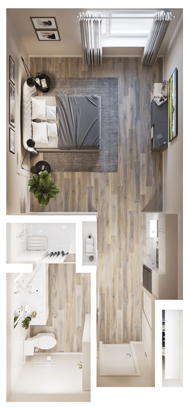 Modern apartment floor plan featuring a bedroom, living area, and kitchen.