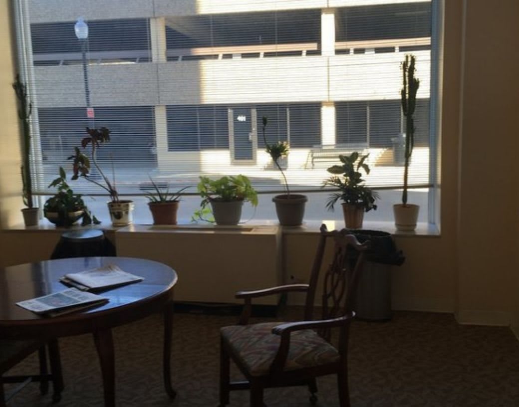An office space with potted plants on the windowsill, a table, and a chair.