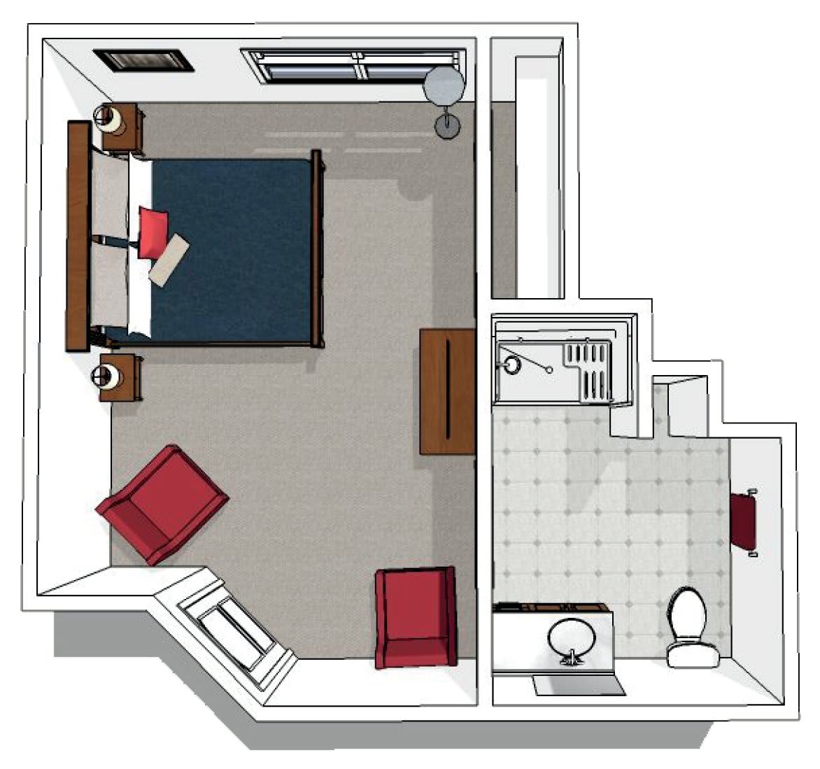 An overhead view of a one-bedroom apartment layout, featuring a sleeping area and adjacent bathroom.