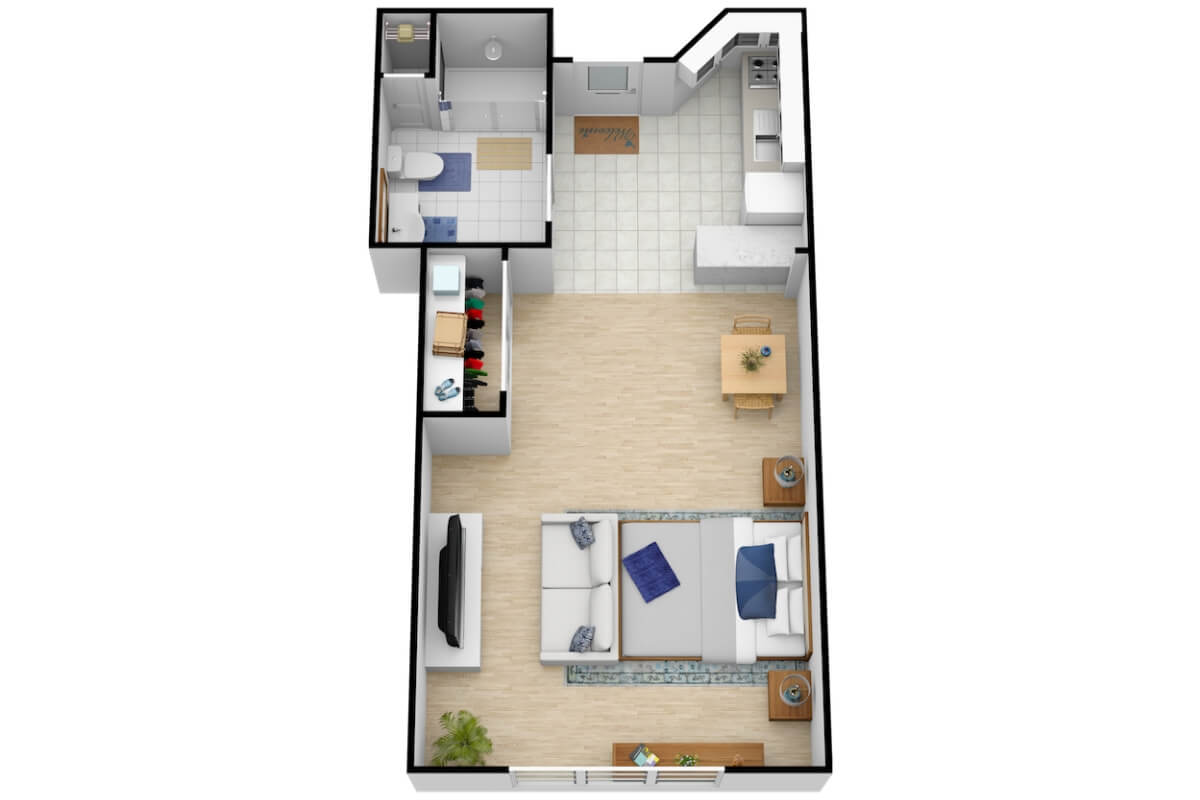 A top-down view of a one-bedroom apartment floor plan, featuring a living room, kitchen, and bathroom.