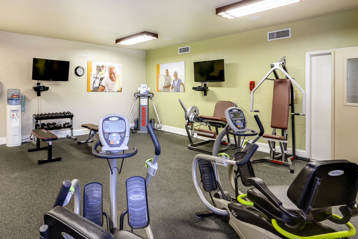 A small gym with various exercise equipment, including treadmills and stationary bikes.
