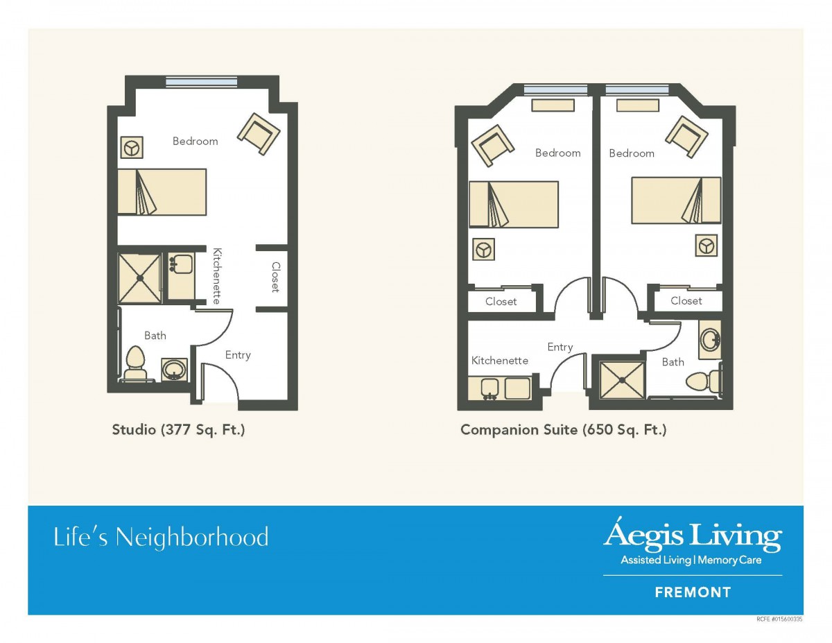 Floor plans for a studio and companion suite, featuring distinct layouts and room configurations.