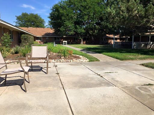 A sunny backyard scene featuring a well-maintained lawn and patio with chairs.