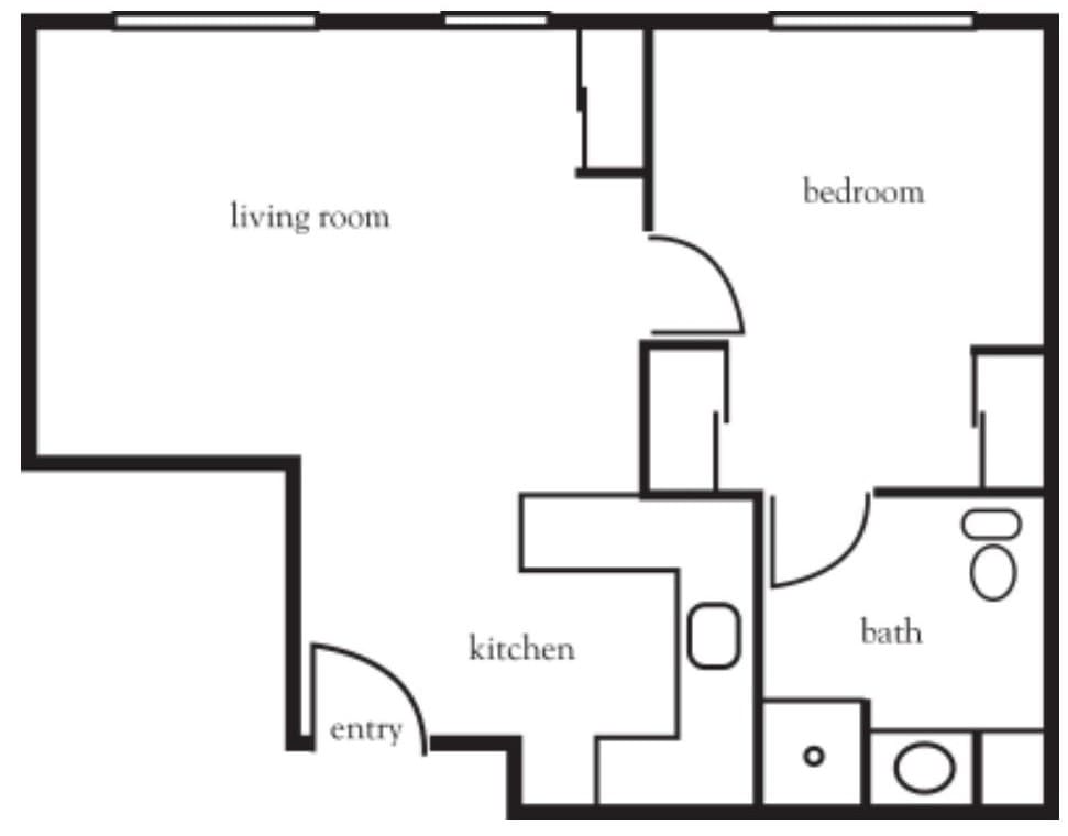 A simple floor plan of a one-bedroom apartment, showing the layout of the living room, kitchen, bedroom, and bathroom.