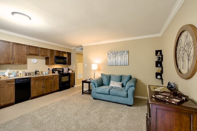 A cozy open-plan living room with an adjacent kitchen featuring a blue sofa, wooden cabinetry, and modern appliances.