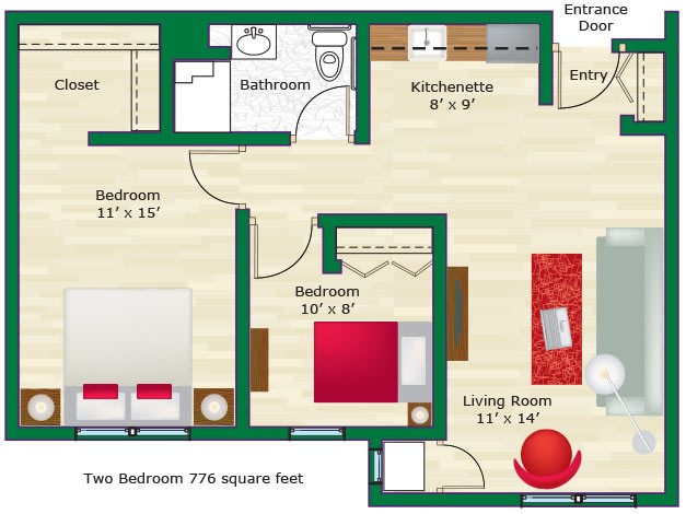 Floor plan of a two-bedroom apartment with labeled dimensions.