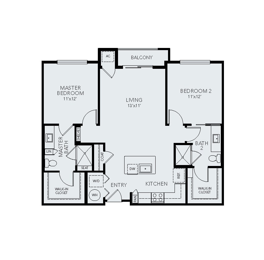 A detailed floor plan of a two-bedroom apartment with a central living area.