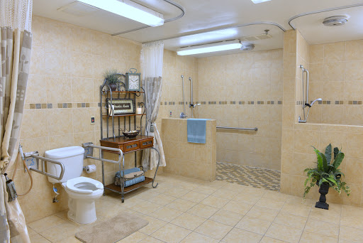 A spacious and accessible bathroom featuring a toilet, shower area, and organized storage.