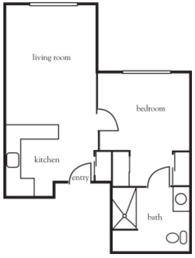 A simple one-bedroom apartment floor plan layout.