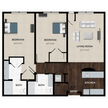 A two-bedroom apartment floor plan with a living room, kitchen, and bathroom.
