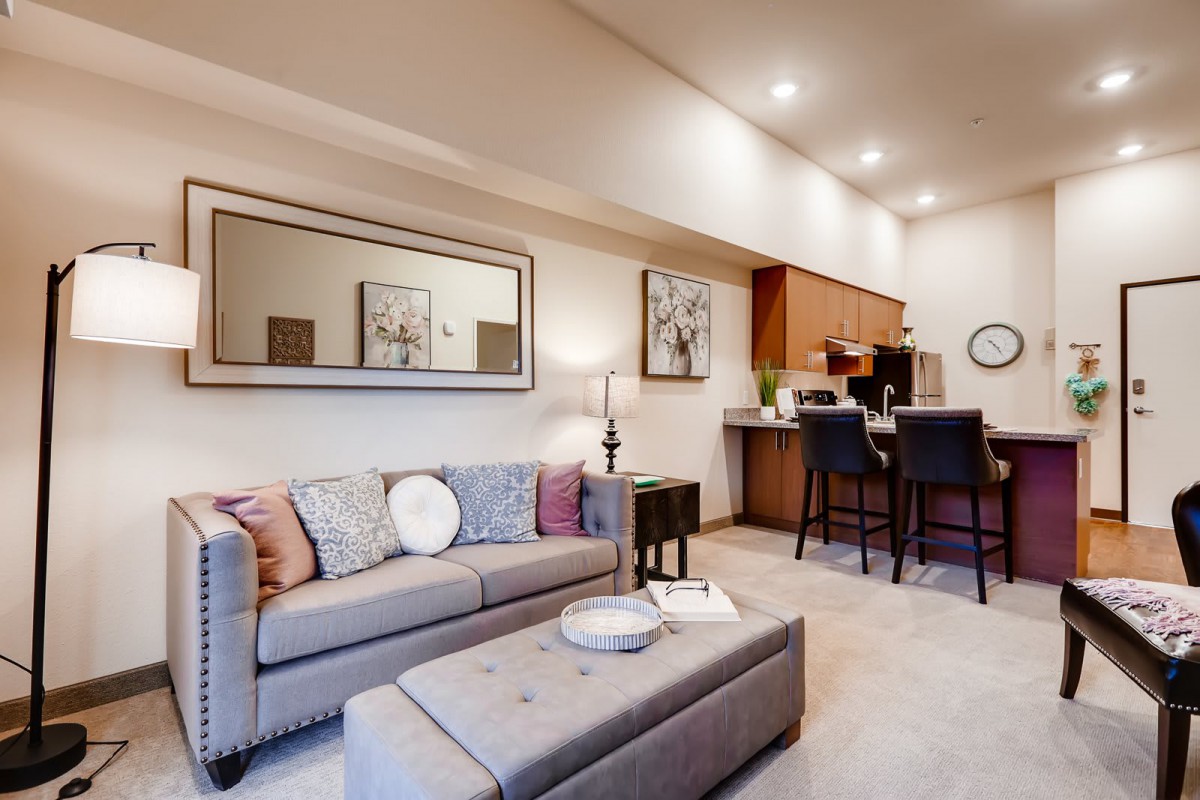 A modern and cozy living room with a comfortable sofa, decorative cushions, and stylish artwork, complemented by a kitchen bar area with stools.