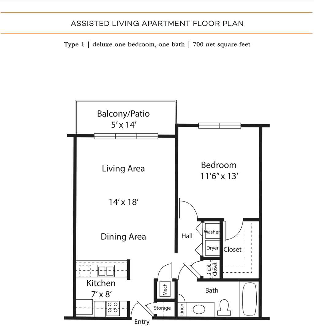 Floor plan of a one-bedroom, one-bathroom apartment with a balcony/patio, kitchen, and living/dining area.