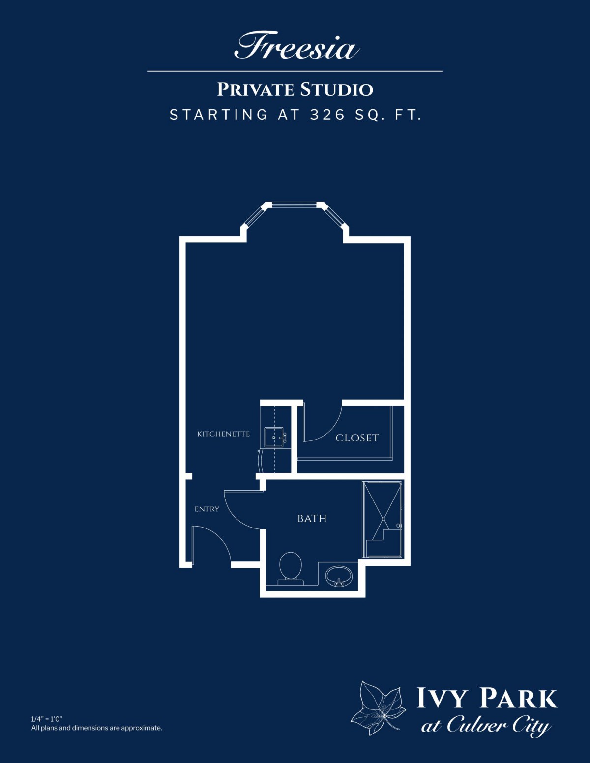 A minimalist studio apartment floor plan layout, starting at 326 square feet.