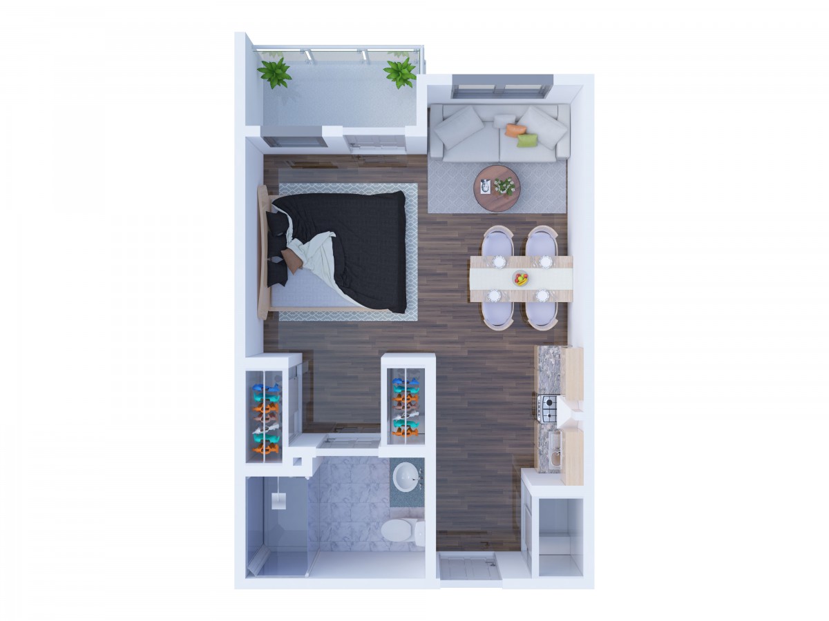 A detailed floor plan of a compact one-bedroom apartment featuring a bedroom, bathroom, kitchen, and living area.
