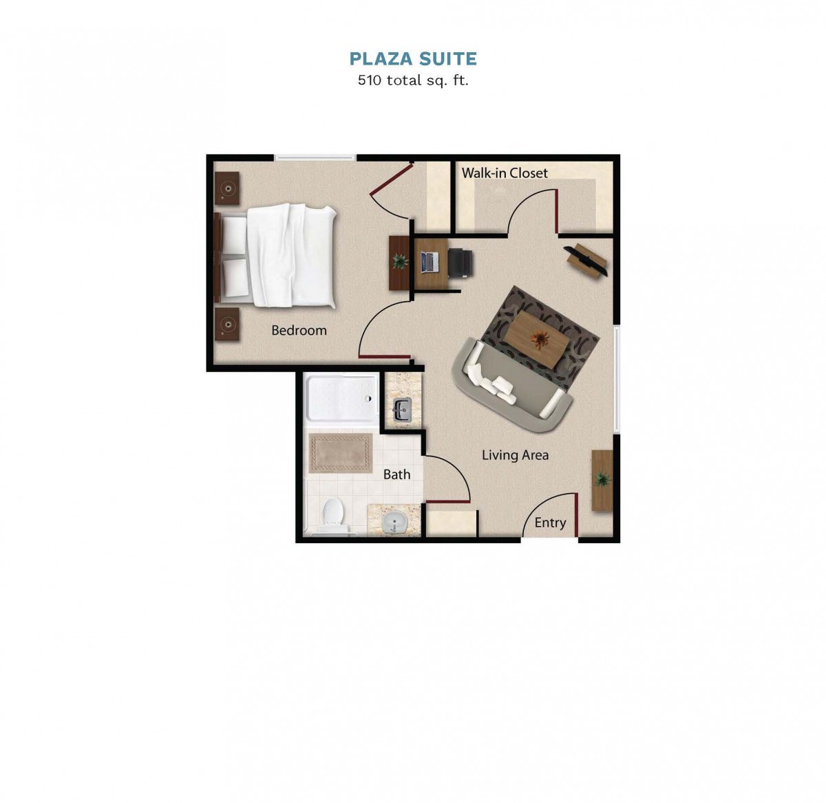 This is a floor plan of a one-bedroom apartment featuring a living room, bathroom, and bedroom.