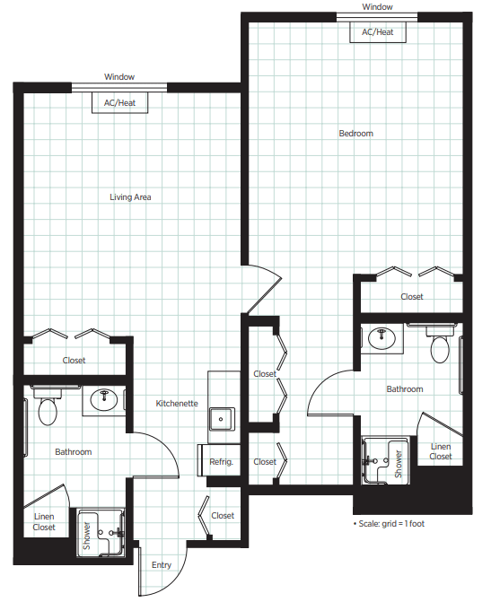 A floor plan of an apartment featuring two bedrooms, a living area, a kitchen, and two bathrooms.