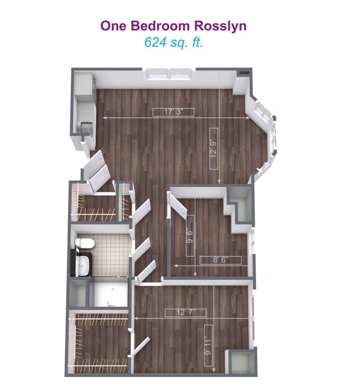 A floor plan of a one-bedroom apartment named 'Rosalyn' with an area of 524 sq. ft.