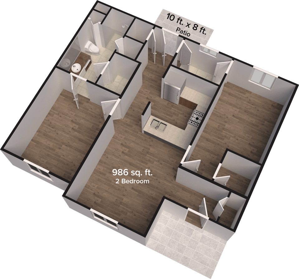 A 3D model of an apartment floor plan featuring two bedrooms, a living area, kitchen, and bathroom.