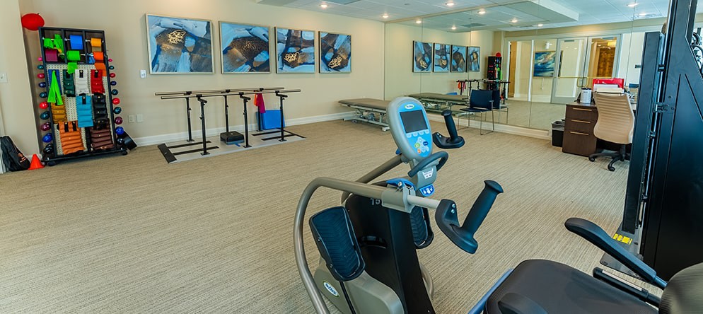 A spacious fitness center with modern exercise equipment and artistic wall decorations.