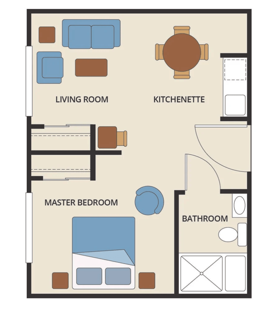 A floor plan showing the layout of a small apartment with a living room, kitchenette, master bedroom, and bathroom.