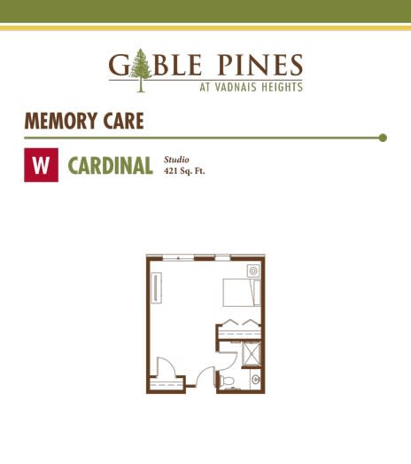 Floor plan for the Cardinal Studio in the Memory Care section of Gable Pines, showcasing the layout and dimensions.