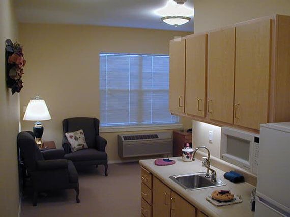 A cozy living space featuring a kitchenette and armchair setup.