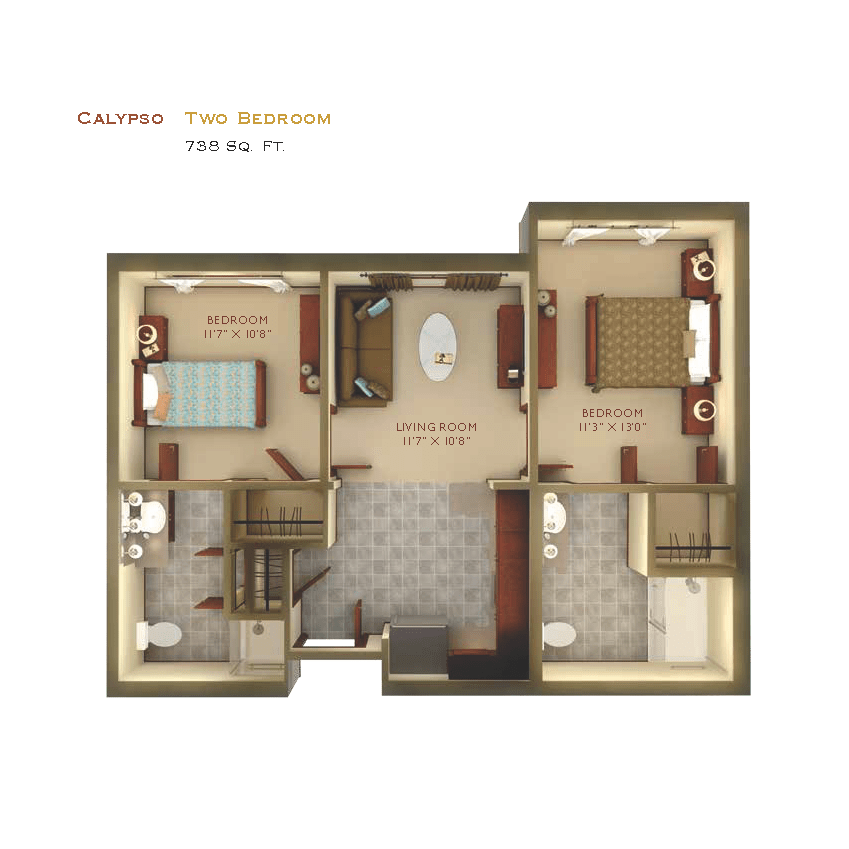 A detailed floor plan of a two-bedroom apartment showcasing the layout and interior design features.