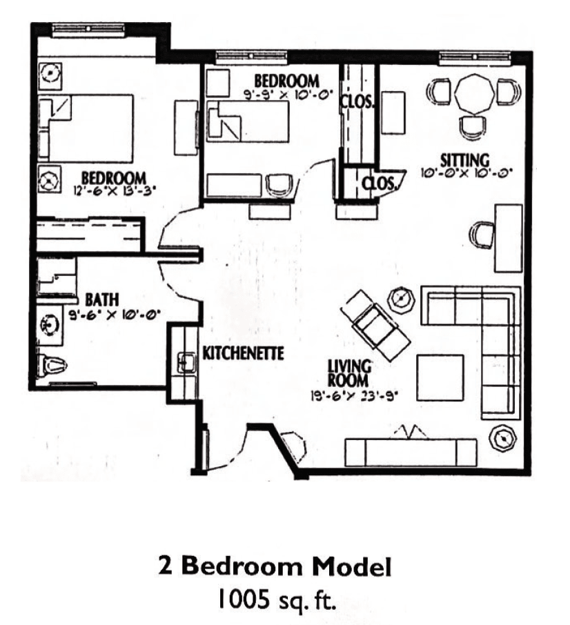 Floor plan of a two-bedroom apartment with a living room, kitchen, and bathroom.