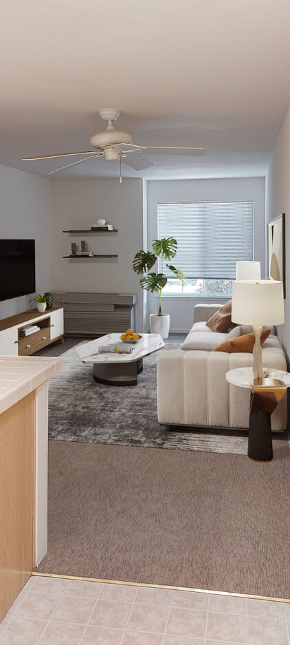 A modern living room with a cozy sofa, coffee table, and a TV stand.
