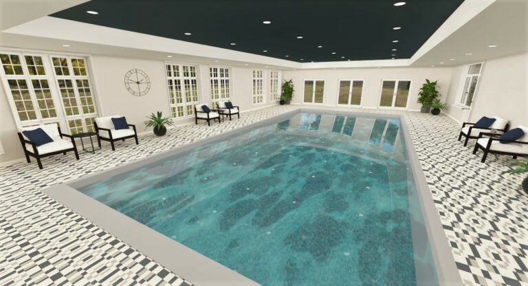 A modern indoor swimming pool with surrounding seating and stylish interior decor.