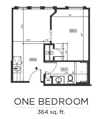 A floor plan of a one-bedroom apartment layout.