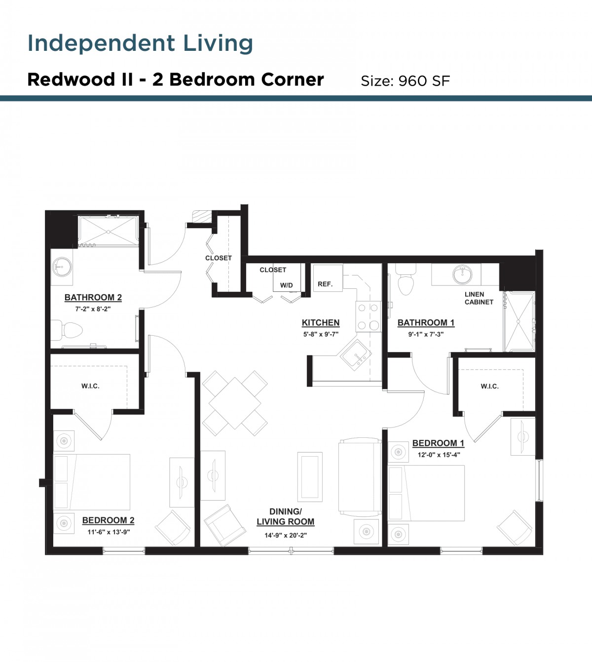 Floor plan of a 2-bedroom corner apartment for independent living.